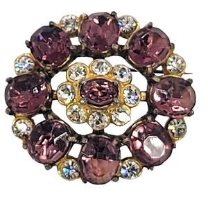 Vintage Gold Tone Deep Purple Rhinestone Brooch Pin Approx. 1.5"